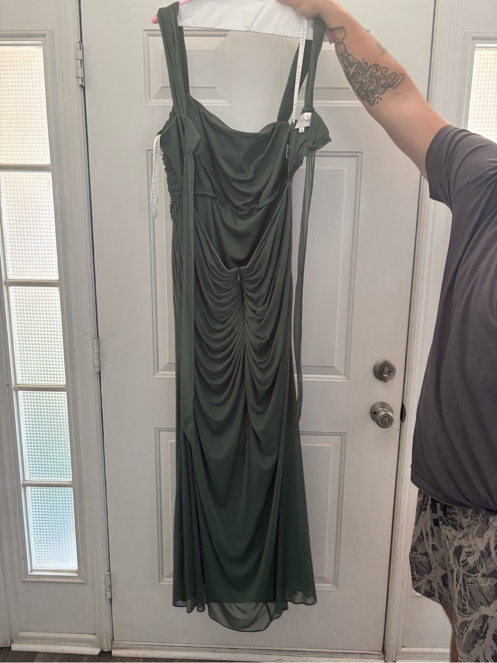 Azazie Eucalyptus Green Ruched Mesh Maxi Dress - Picture 2 of 5